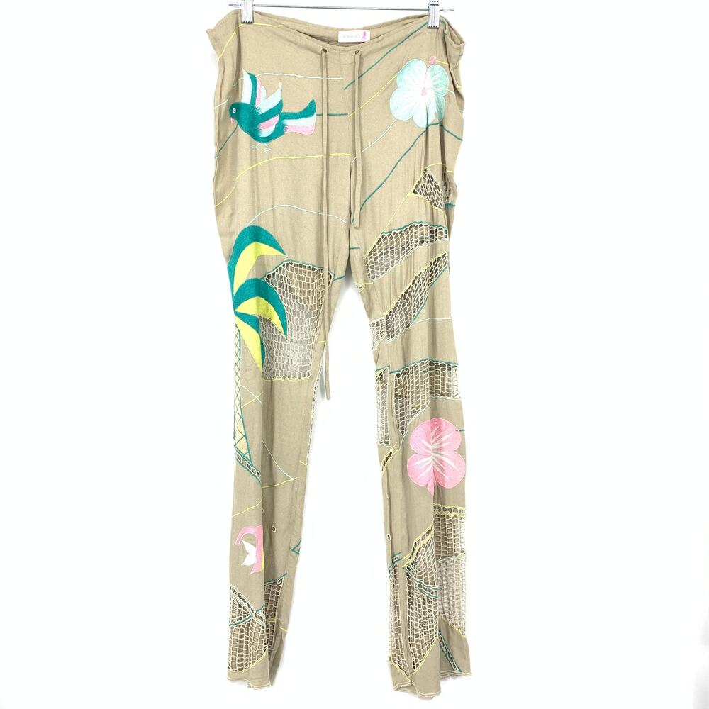 Tamara Catz Artsy Novelty Print Drawstring Pants Women Size 8 Beige Mesh Details